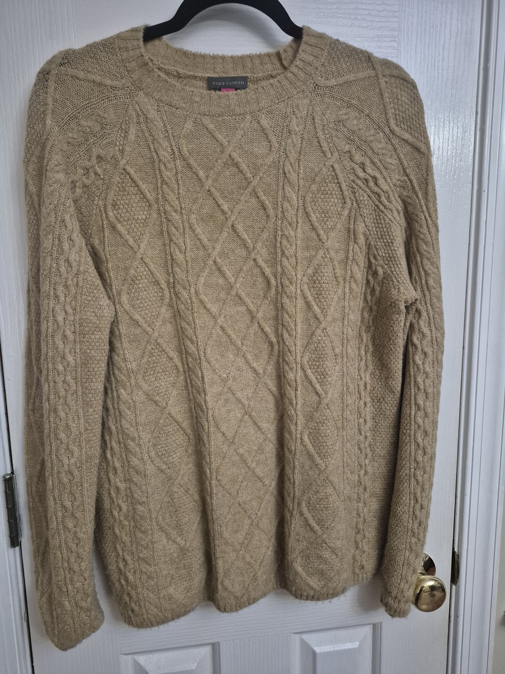 Vince Camuto Cable & Diamond Knit Crewneck Sweater in Camel